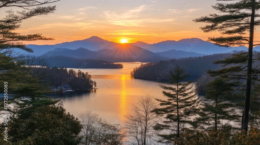 Fototapeta premium Majestic Sunset Over Mountain Lake And Homes