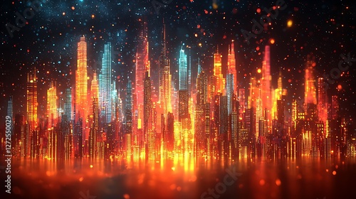 Wallpaper Mural Futuristic city skyline at night, glowing orange and blue, sparks in the sky, used for sci-fi backgrounds Torontodigital.ca