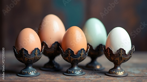 Four eggs, various shades, nestled in ornate antique egg cups. Rustic charm! photo