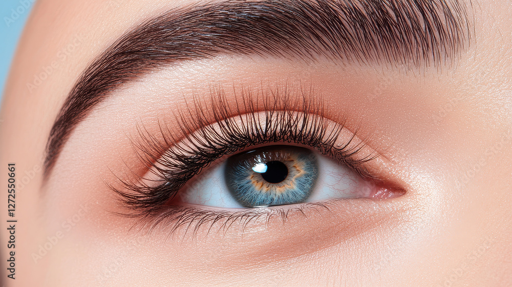Obraz premium A close-up shot of a person's eye with long lashes, looking upward, set against a pastel blue background