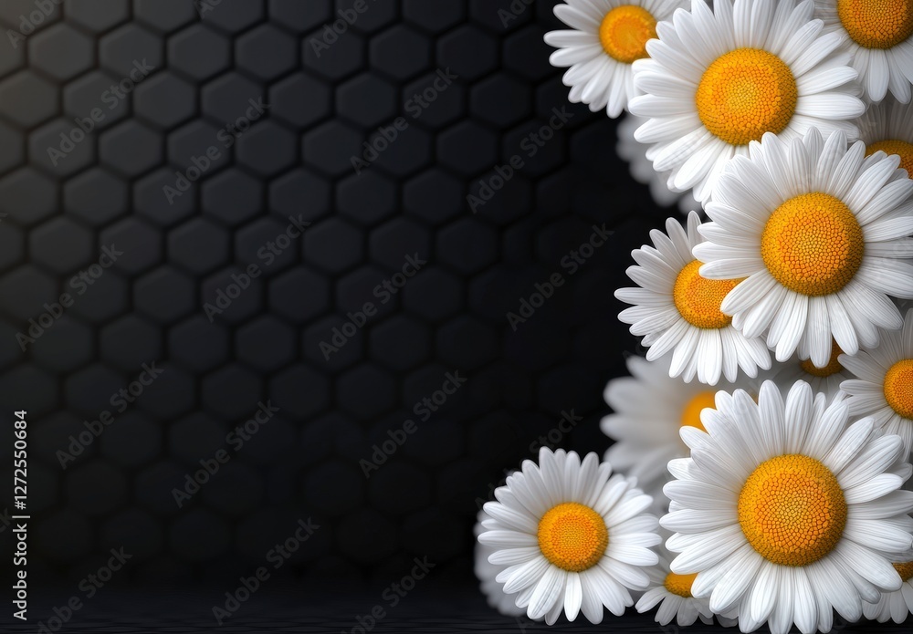Obraz premium Fresh White Daisy Flowers with Yellow Centers Arranged on a Dark Honeycomb Background with Soft Lighting Effects