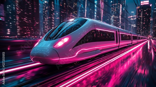 Futuristic high-speed train speeding through neon city at night.  Website banner