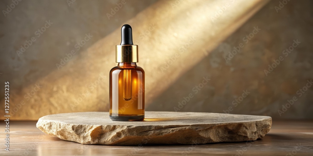 Amber Glass Dropper Bottle on a Rustic Stone Pedestal, Illuminated by Soft Light Amber Glass Dropper Bottle on a Rustic Stone Pedestal, Illuminated by Soft Light