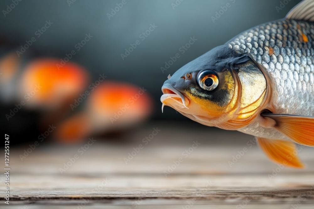 Close-Up View of a Vibrant Goldfish Resting on a Wooden Surface with a Blurred Background