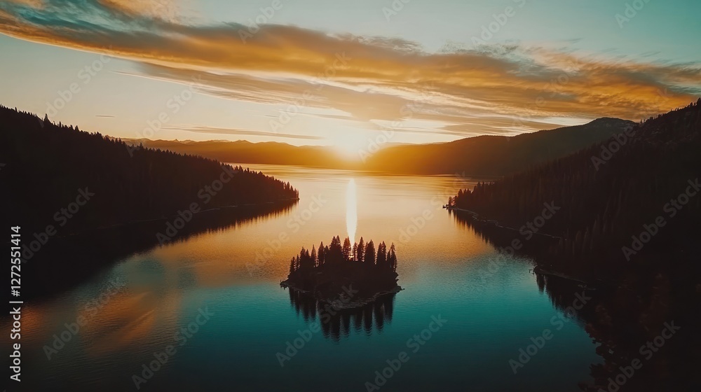 Fototapeta premium Island Lake Sunset Golden Hour Serenity