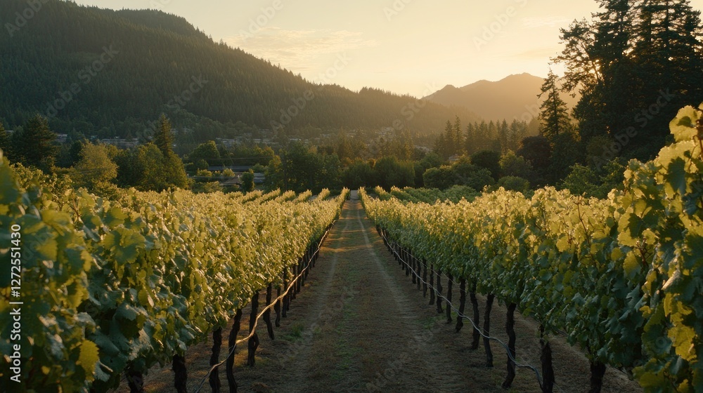 Naklejka premium Vineyard Rows Basking in Golden Sunset Light