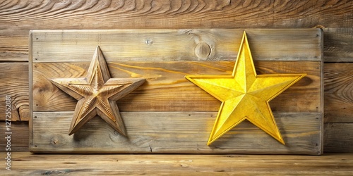 Rustic Wooden Background Featuring Two Decorative Stars, One Golden Yellow and One Natural Wood Tone photo