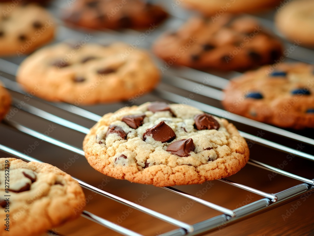 Freshly baked chocolate chip cookies cooling on a wire rack in a kitchen Freshly baked chocolate chip cookies cooling on a wire rack in a kitchen