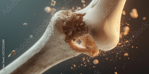 Bone breaking and shattering into small pieces, showing osteoporosis or fracture