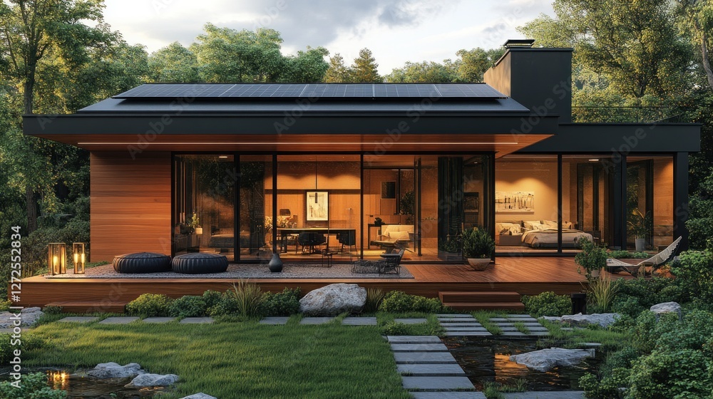 Modern sustainable house with solar panels, large windows, wooden exterior, and deck, nestled in a lush green landscape. Modern sustainable house with solar panels, large windows, wooden exterior, and deck, nestled in a lush green landscape.