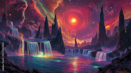 Cosmic Waterfall Landscape with a Ringed Star