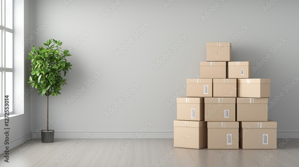 Inventory management. Boxes stacked in a room with a plant and natural light. Inventory management. Boxes stacked in a room with a plant and natural light.