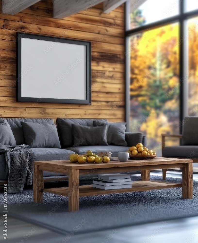 Fototapeta premium Cozy living room interior with wooden walls, minimalist furniture, and autumn view through large windows