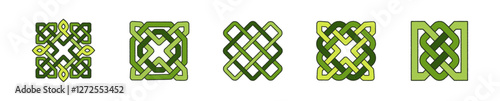Collection of five Celtic knot designs, traditional symbols of the Northern European cultures. Vector illustrations of intricate knotwork patterns.