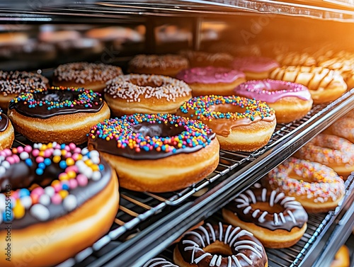 Freshly baked donuts displayed in a bakery case with colorful toppings