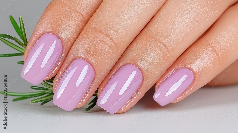 Close-up manicured nails, light purple polish, sprig of rosemary. Stock photo for beauty products Close-up manicured nails, light purple polish, sprig of rosemary. Stock photo for beauty products