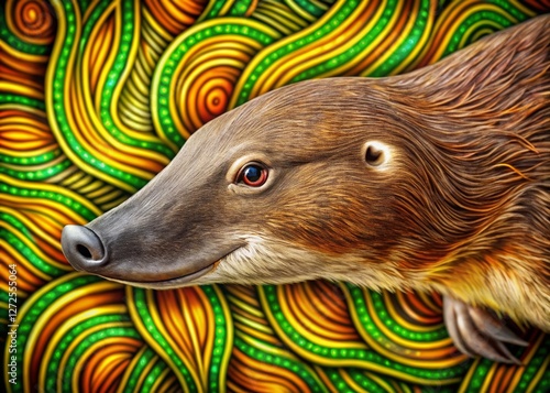 Platypus Portrait Against Vibrant Aboriginal Art Background - Australian Wildlife Stock Photo photo