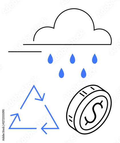 Cloud releasing raindrops, recycling triangle, and dollar coin in minimal design. Ideal for sustainability, eco finance, climate action, resource management, circular economy, environmental