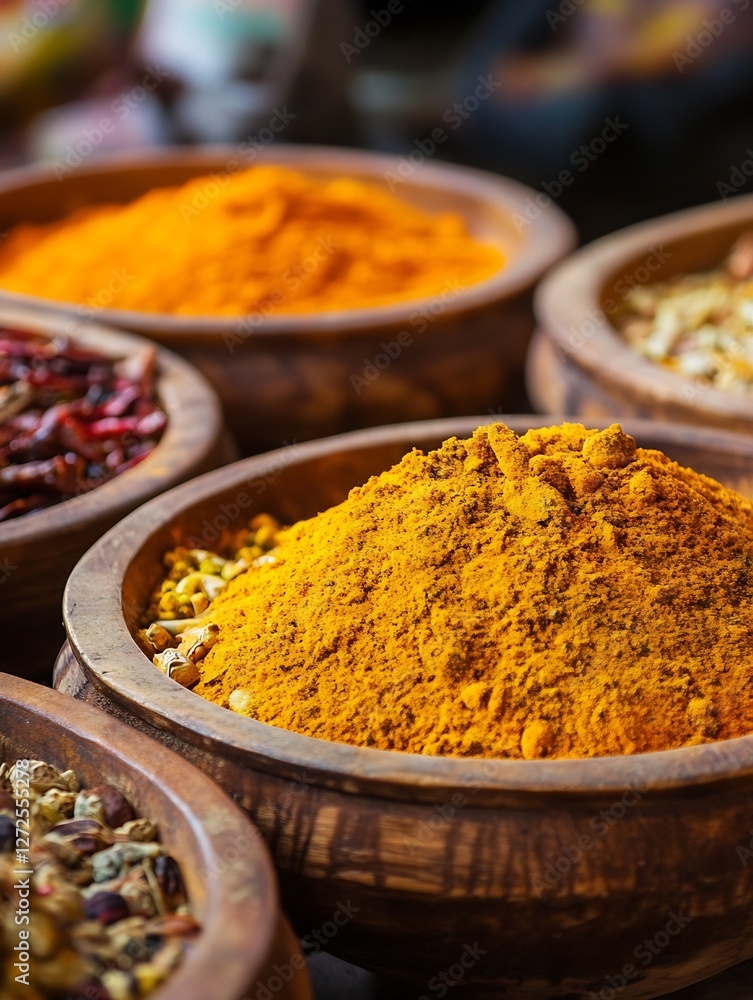 Vibrant Yellow Turmeric Spice in Wooden Bowls Creating a Rich Flavor Palette : Generative AI Vibrant Yellow Turmeric Spice in Wooden Bowls Creating a Rich Flavor Palette : Generative AI