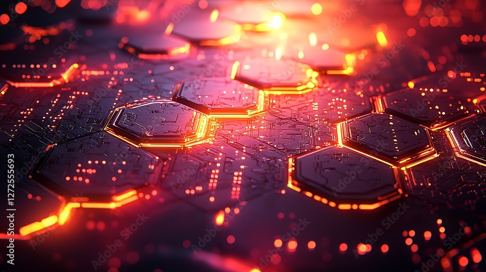 Glowing hexagonal circuit board, technology background, abstract digital design, for tech websites Glowing hexagonal circuit board, technology background, abstract digital design, for tech websites