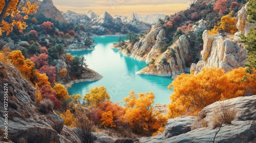 Autumnal lake nestled within rocky mountain scenery