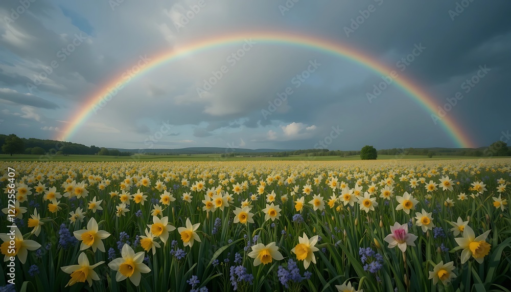 Naklejka premium Rainbow Over Field of Daffodils and Bluebells Blooms on a Spring Day
