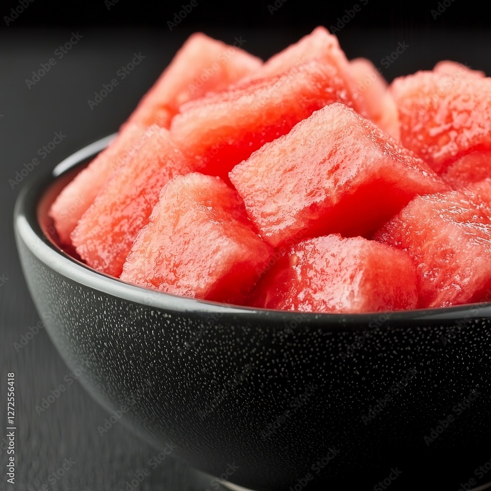 Freshly cut watermelon cubes in a black bowl on a dark textured background Freshly cut watermelon cubes in a black bowl on a dark textured background