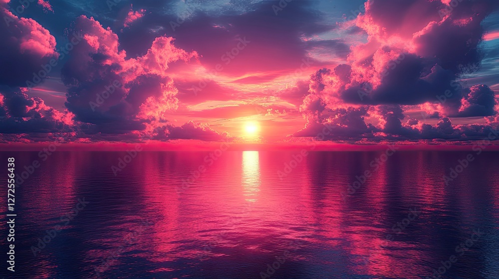 Obraz premium Pink sunset ocean sky cloudscape; serene background