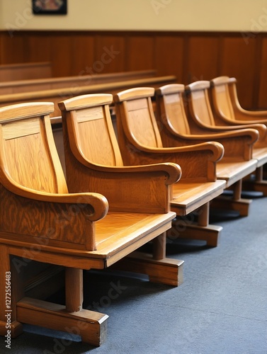 Elegant Wooden Jury Seats in a Traditional Courtroom Setting for Legal and Justice Themes : Generative AI