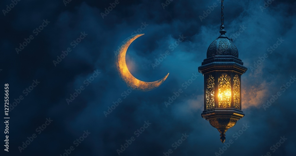 Illuminated lantern hanging at night, crescent moon background Illuminated lantern hanging at night, crescent moon background