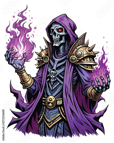 Intricate engraving of a skeletal sorcerer, cloaked and hooded, casting a dark spell; detailed bone structure, arcane symbols, swirling dark energy.