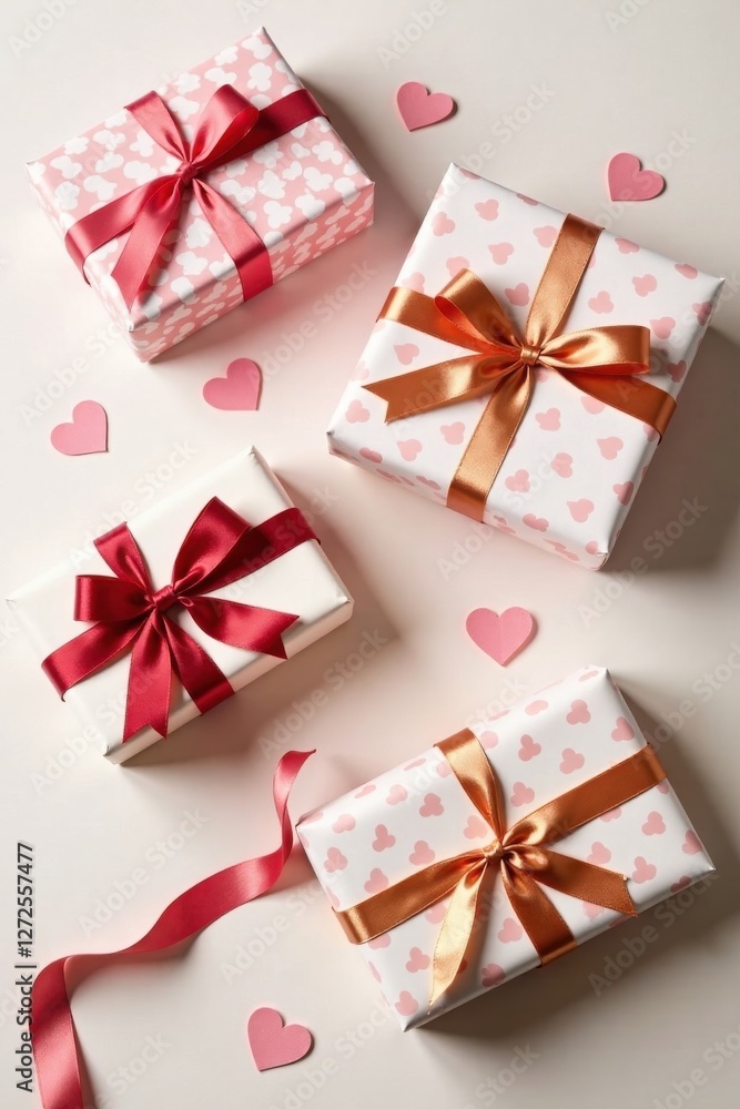 A collection of elegantly wrapped presents adorned with satin ribbons and scattered hearts, perfect for a romantic celebration A collection of elegantly wrapped presents adorned with satin ribbons and scattered hearts, perfect for a romantic celebration