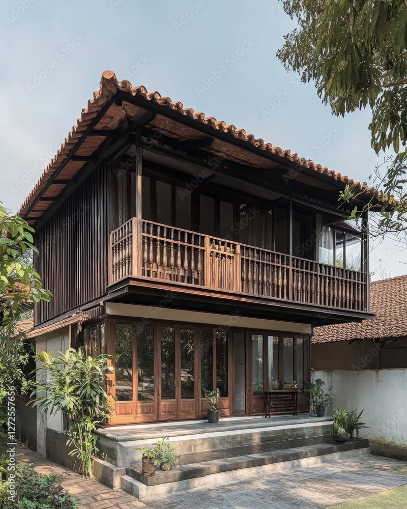 Traditional Two Story Wooden House with Balcony and White Walls Traditional Two Story Wooden House with Balcony and White Walls