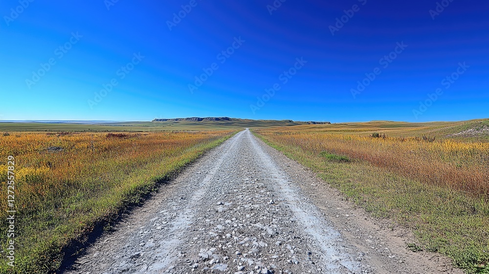 Prairie gravel road autumn landscape, clear sky Prairie gravel road autumn landscape, clear sky