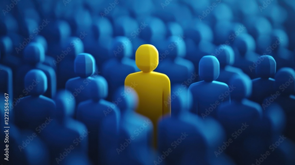 Fototapeta premium One brilliant yellow leader figure among blue crowd, leadership, unique talent selection, business recruitment