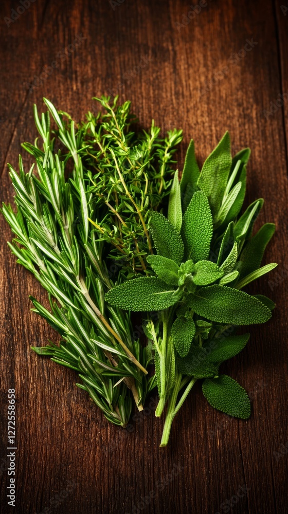 Freshly picked herbs including rosemary, thyme, and sage on a wooden table Freshly picked herbs including rosemary, thyme, and sage on a wooden table