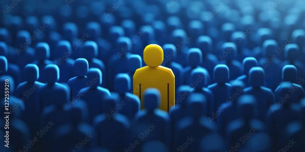 Fototapeta premium One brilliant yellow leader figure among blue crowd, leadership, unique talent selection, business recruitment