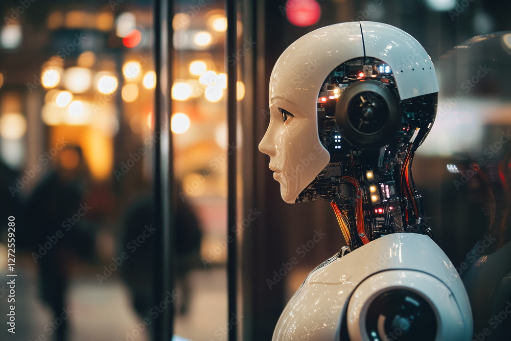 Fototapeta premium Futuristic Female Android Display at Urban Tech Exhibition