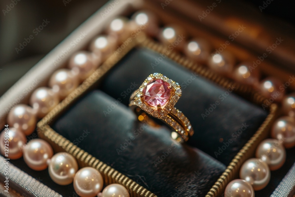 A pink diamond ring is displayed in a black box with a white pearl border. The ring is surrounded by a cluster of white pearls, which adds to its elegance and sophistication A pink diamond ring is displayed in a black box with a white pearl border. The ring is surrounded by a cluster of white pearls, which adds to its elegance and sophistication