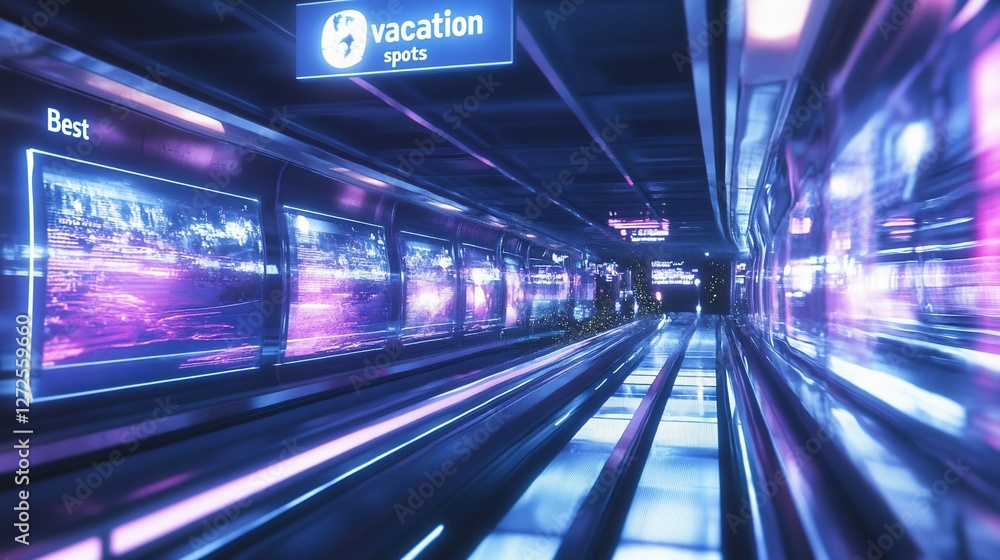 Futuristic Travel Escalator with Vacation Spots Displays and Neon Lighting Effects Futuristic Travel Escalator with Vacation Spots Displays and Neon Lighting Effects