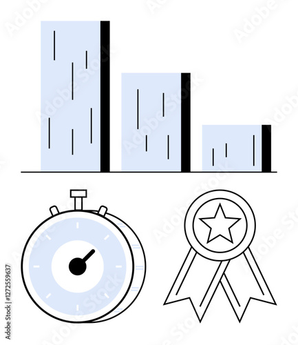 Bar graph with descending columns, stopwatch indicating time, and award ribbon with star. Ideal for performance tracking, goal setting, time management, productivity, success, rankings abstract line