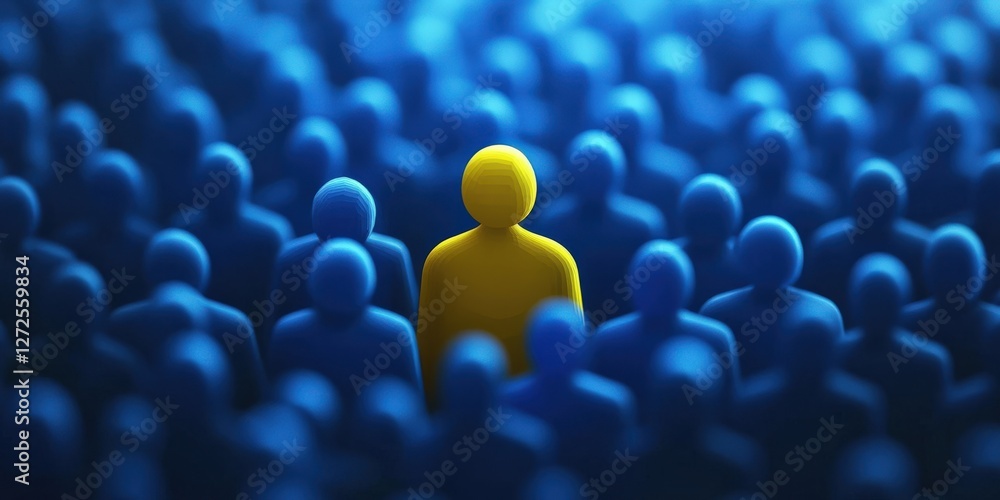 Fototapeta premium One brilliant yellow leader figure among blue crowd, leadership, unique talent selection, business recruitment