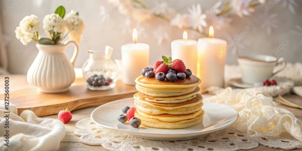 Aromatic Stack of Buttery Pancakes Topped with Fresh Berries and a Hint of Mint, Illuminated by the Soft Glow of Candles on a Rustic Table Setting Aromatic Stack of Buttery Pancakes Topped with Fresh Berries and a Hint of Mint, Illuminated by the Soft Glow of Candles on a Rustic Table Setting