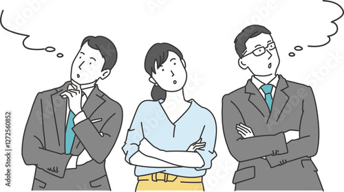 考える3人のビジネスパーソンのシンプルイラスト