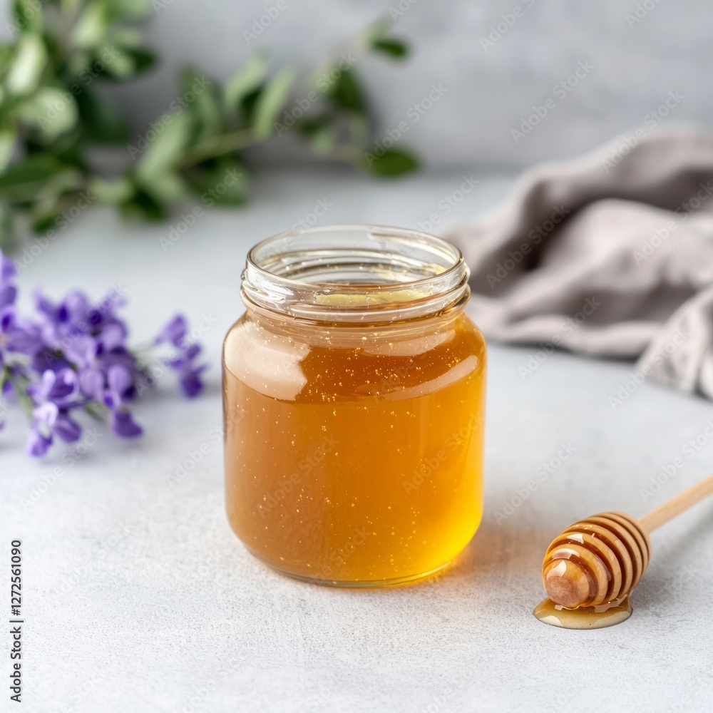 Glass jar of honey with wooden dipper, surrounded by lavender and greenery Glass jar of honey with wooden dipper, surrounded by lavender and greenery