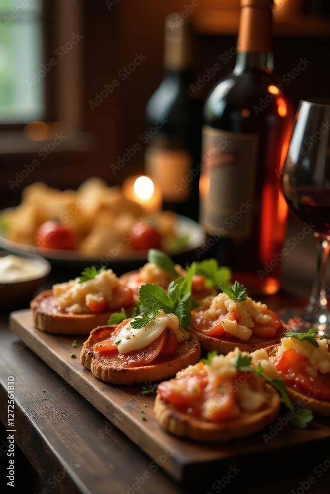 A spread of delectable appetizers and bottles of wine, softly lit by candlelight , delicious, cheeseboard, romantic A spread of delectable appetizers and bottles of wine, softly lit by candlelight , delicious, cheeseboard, romantic