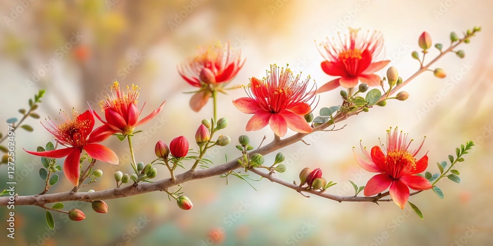 Red Capparis Decidua Flowers Branch, Double Exposure, White Background Stock Photo Red Capparis Decidua Flowers Branch, Double Exposure, White Background Stock Photo