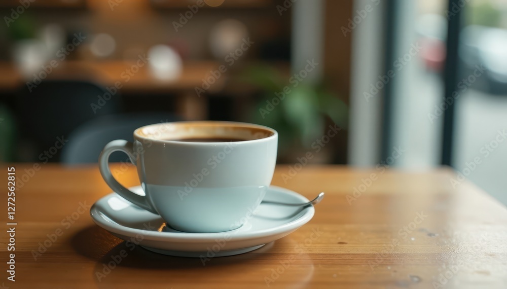 Close-up of half-full coffee cup on simple table, cafe culture, beverage Close-up of half-full coffee cup on simple table, cafe culture, beverage