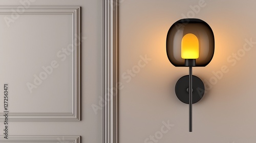 Modern black wall lamp with amber LED flame effect light.