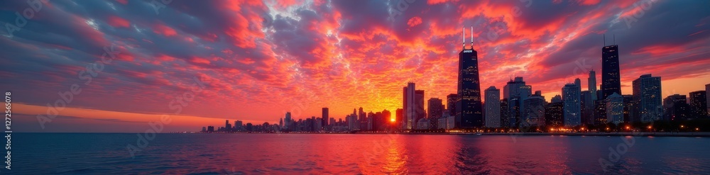 Fototapeta premium Downtown Chicago skyscrapers, fiery sunset over Lake Michigan, Chicago, horizon